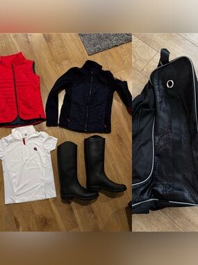 Kids equestrian kit with shirt, vests and boots and bag